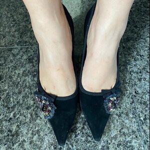 PRADA Rhinestone Suede Metal Kitten Heel Pointy Shoe Leather Jeweled Crystal Bow